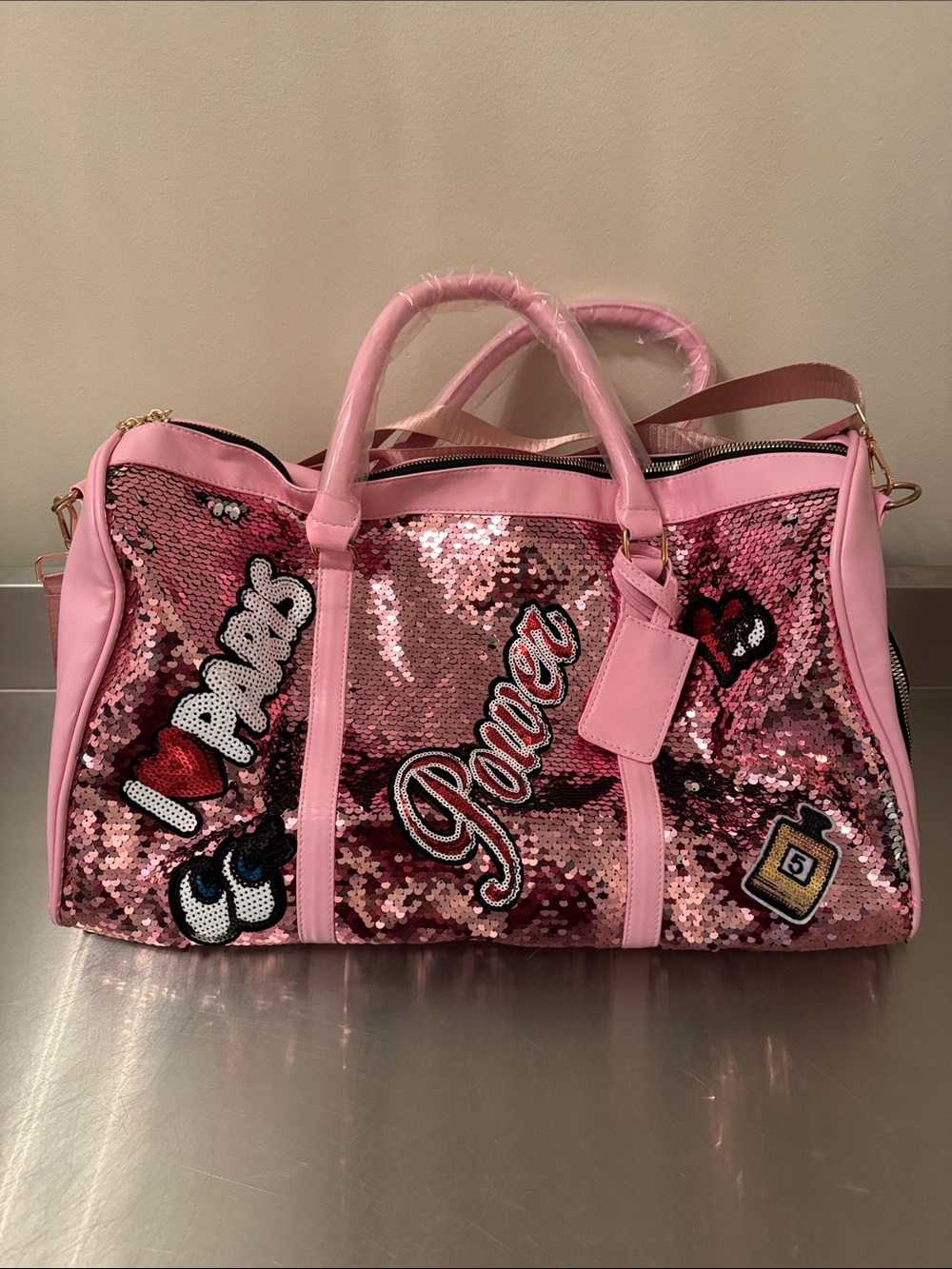 Pink Sequin Weekend Duffle Bag with Patch Details & strap